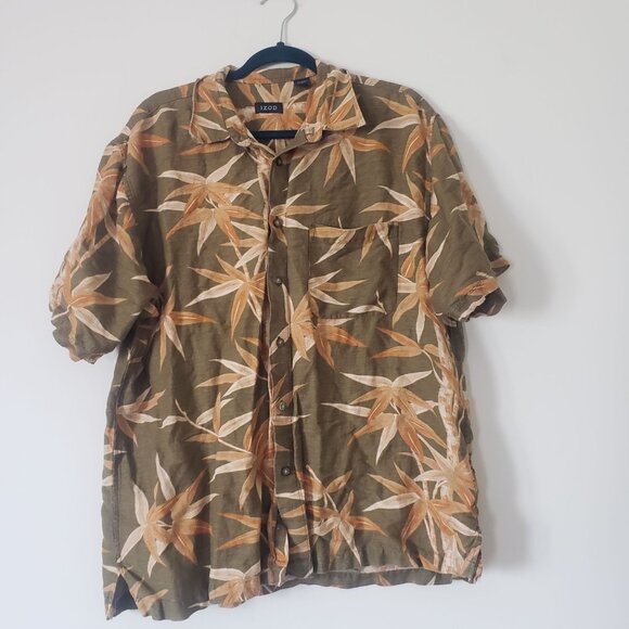 IZOD Mens Short Sleeve‎ Button Down Hawaiian Shirt size L Linen Blend Resort - Picture 1 of 7